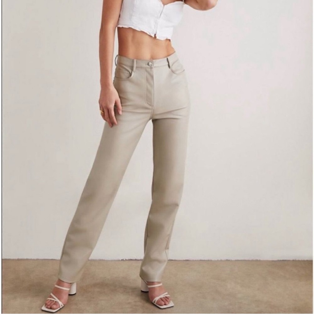 Aritzia Wilfred Melina Vegan Leather High Rise Straight Leg Pants Size 10 Taupe